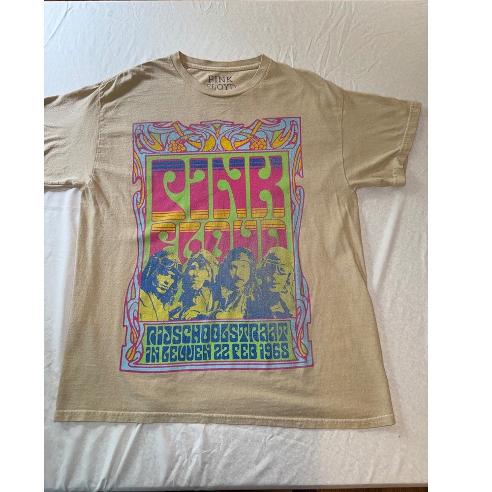 Pink Floyd Beige Graphic Tee with Neon Pink Yellow Blue Print